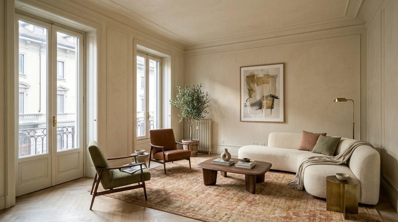 The same living room furnished in a warm, contemporary style with AI virtual staging.