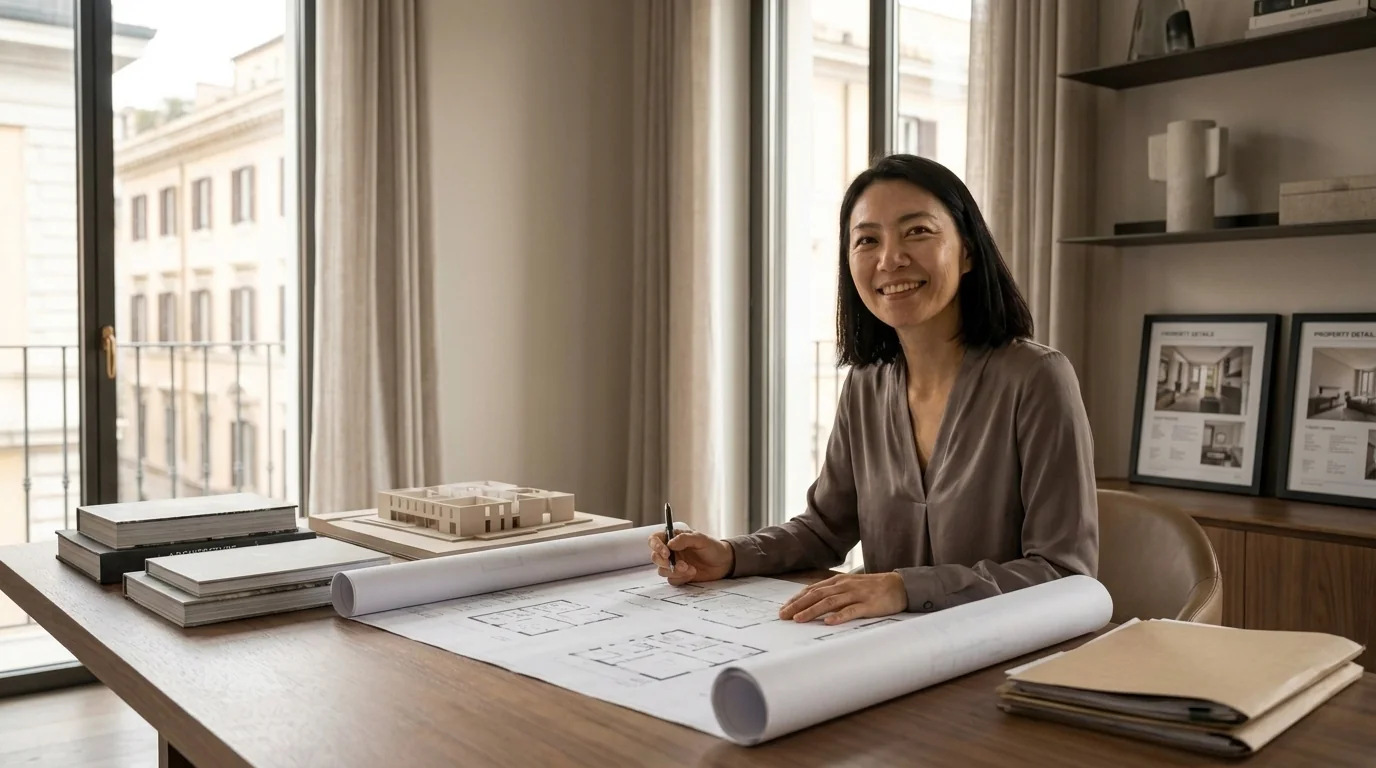 AI-generated illustration of Elena and a property professional reviewing architectural plans.