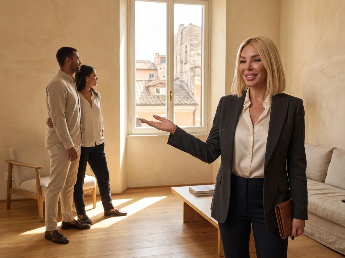AI-generated illustration of Elena welcoming clients into an Italian apartment.