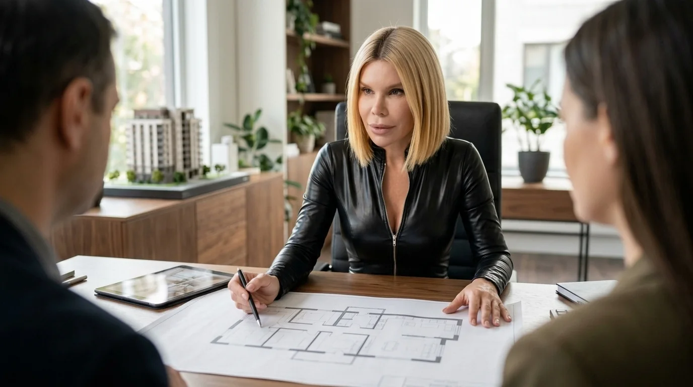 AI-generated illustration of Elena reviewing a floor plan with a property client.