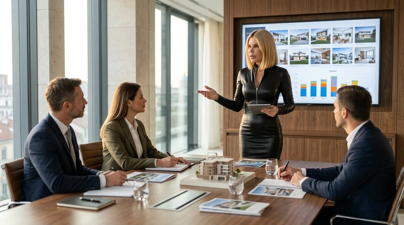 AI-generated illustration of Elena presenting market and project information to a real-estate team.